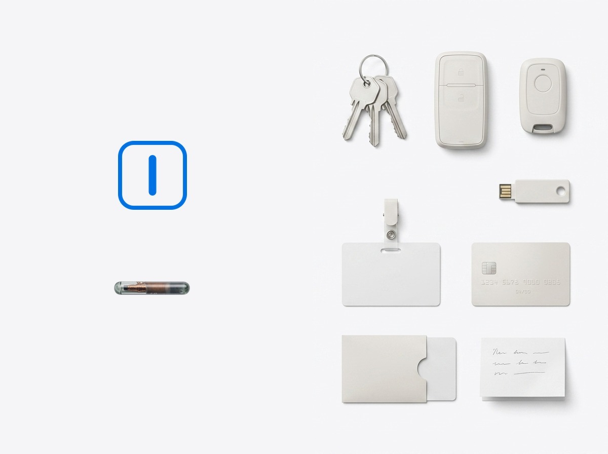 The SkinID implant on one side, and on the other the keys, fobs, badge, card, security key and papers it replaces